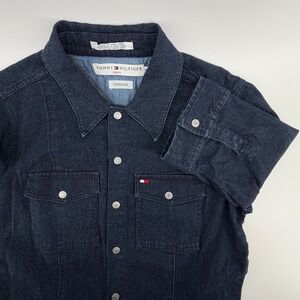 Tommy Hilfiger Jeans Denim Shirt Dress Dark Wash Stretch Size 8 Y2K Vintage‎